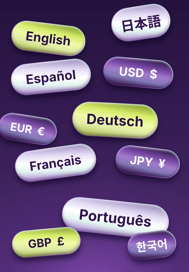Language and currency artwork from the approved Sublit screenshot series