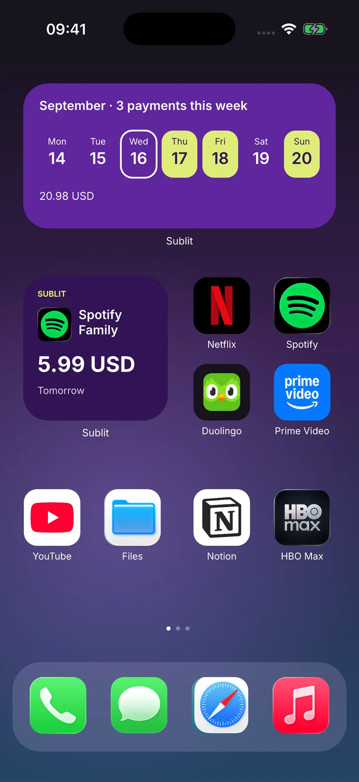 Sublit Home Screen with weekly payment and next-charge widgets